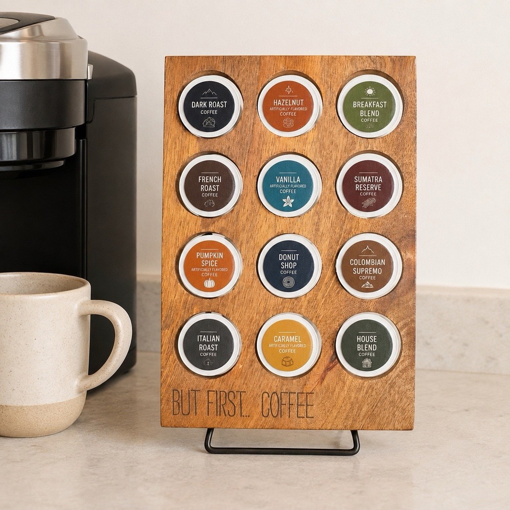 Mudpie But First...Coffee Pod Holder Farmhouse K-Cup Compatible Wood 12 Hole